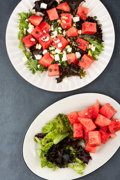 Healthy Summer Salad with Watermelon, Feta Cheese and Mixed Leafy Greens