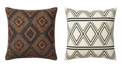 Set of two decorative throw pillows with geometric patterns isolated on transparent background