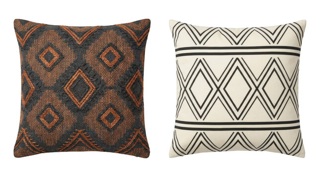 Set of two decorative throw pillows with geometric patterns isolated on transparent background