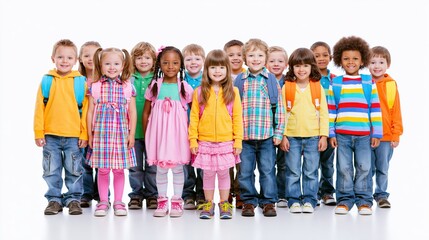 Obraz premium A diverse group of smiling elementary school children stands together.