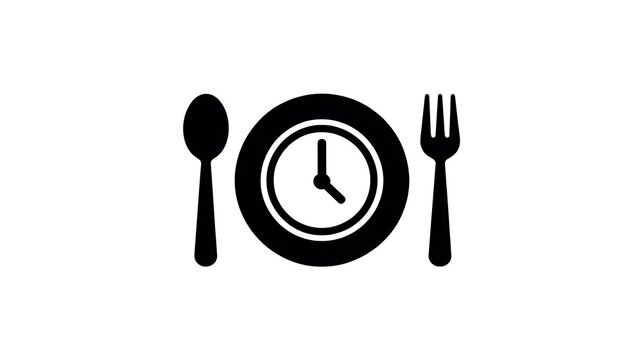 Black clock icon with spoon and fork for meal time