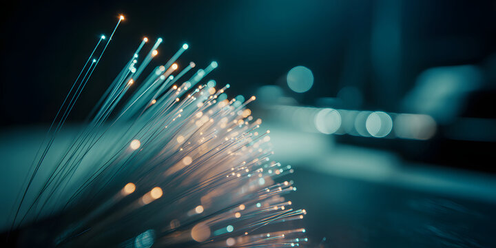 Close up of fiber optic cables with glowing ends against a blurred background and bokeh.