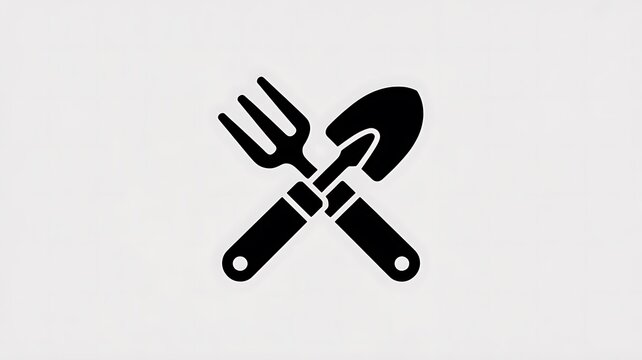 Black garden shovel and fork icon for farming and planting