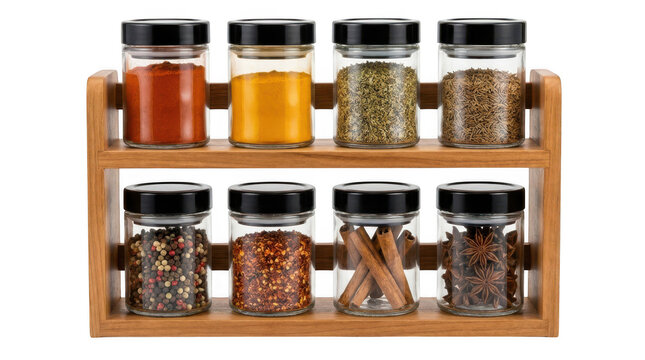 Wooden spice rack with eight glass jars containing various spices isolated on transparent background