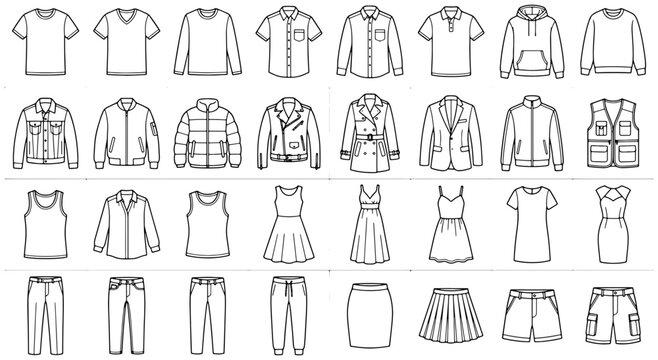 Set of clothing line sketches featuring various shirts jackets dresses and pants in a flat vector style