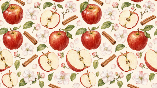 Seamless pattern with red apples, apple blossoms, cinnamon sticks, and green leaves on a light background