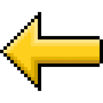 Yellow left arrow icon, retro pixel style back button on transparent background