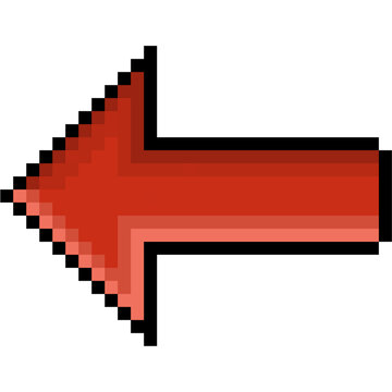 Red left arrow icon, retro pixel style back button on transparent background