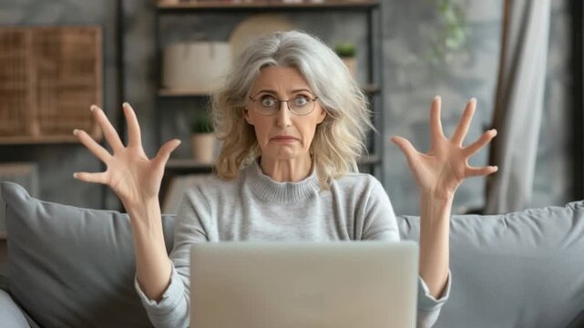 Excited older woman expressing emotions while using laptop in cozy living room. Engaging technology experience leads to joy and connection. Generative AI