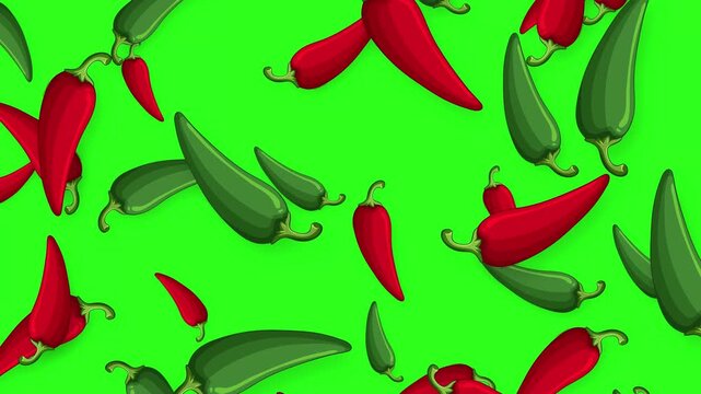 Falling Red and Green Chili Peppers Animation on Green Background
