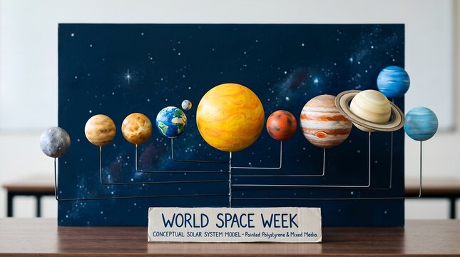A handmade, conceptual mixed-media solar system model with all planets on wire stands, set against a painted cosmos backdrop with a "World Space Week" label in a classroom.