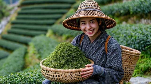 Farmer wearing traditional hat and clothing happily holds a basket overflowing with freshly picked green tea leaves amidst terraced fields.