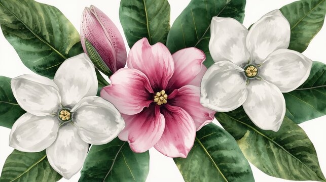 Closeup of Watercolor Magnolia Flowers Background