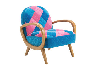 Fototapeta premium Vintage style armchair with quilted blue and pink pattern isolated on transparent background