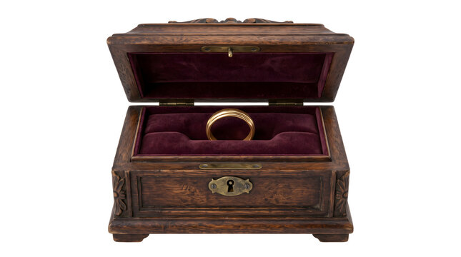 Classic gold wedding ring inside an antique wooden box