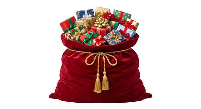 Santa Claus velvet red sack filled with colorful gifts