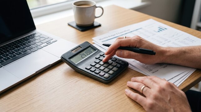 Professional accountant using calculator at desk, financial data analysis with laptop and coffee, business accounting and tax preparation