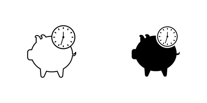 Minimal piggy bank and clock icon set representing saving money, financial planning, budgeting, wealth management, and future financial security.