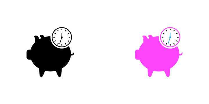 Minimal piggy bank and clock icon set representing saving money, financial planning, budgeting, wealth management, and future financial security.