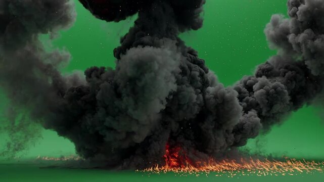Explosion billowing smoke and fire with green screen background during controlled cinematic motion