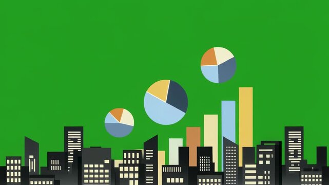 City skyline with rising pie charts and bar graphs on green screen background symbolizing growth and finance