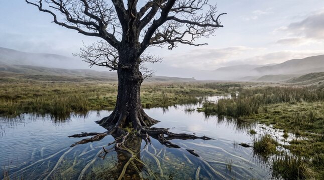 Ancient oak tree with exposed roots in flooded valley, misty mountain landscape at dawn, serene nature scene with water reflection
