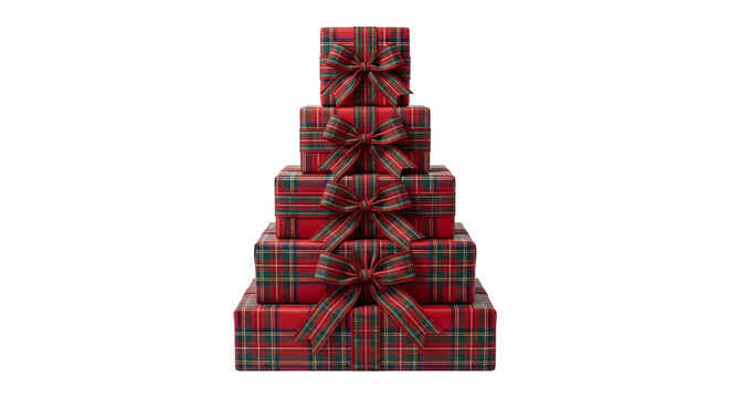 Pyramid stack of red tartan plaid Christmas gift boxes