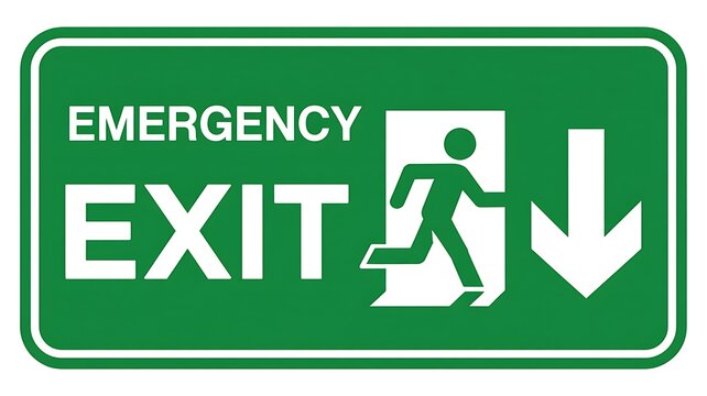 Green emergency exit sign with running man and down arrow