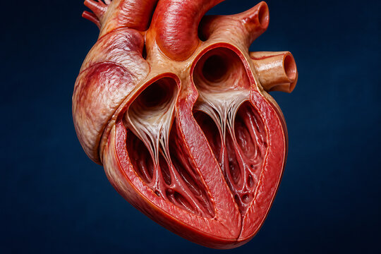 A detailed anatomical illustration of a human heart is displayed against a dark blue background.
