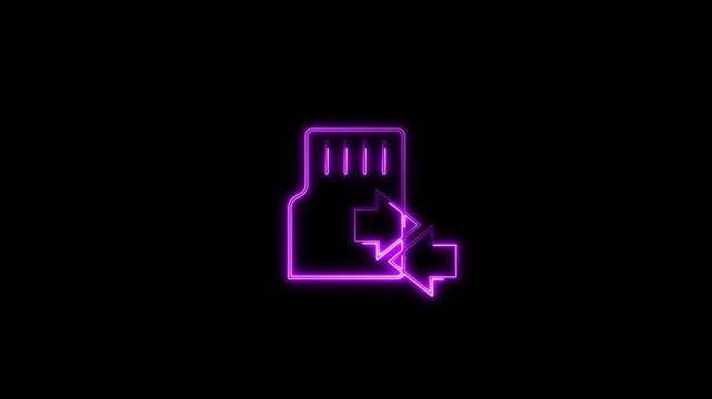 Animated glowing neon memory card icon with transfer arrows looping smoothly. Ideal for storage, data transfer, digital media, technology, and memory card concepts.