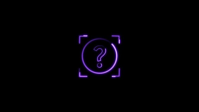 Animated neon purple question mark icon inside a target frame. Great for FAQ, help center, support, query, decision making, problem solving, and guidance concepts.