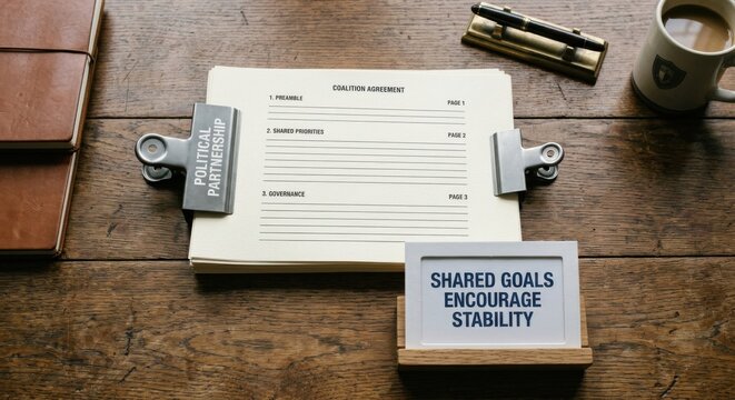 Top view of blank coalition agreement pages with 'Shared Goals Encourage Stability' sign on wooden desk