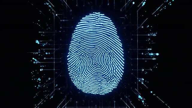 Digital fingerprint scan with glowing data particles in dark background for security concept