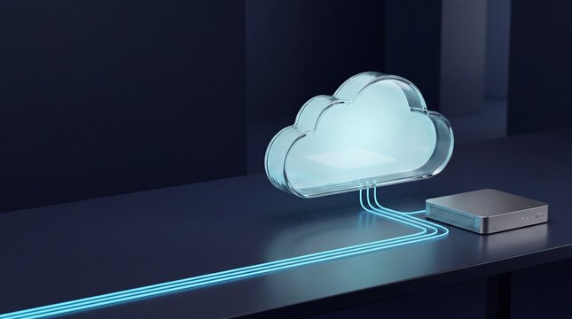 glowing glass cloud icon connected with light cables to server device