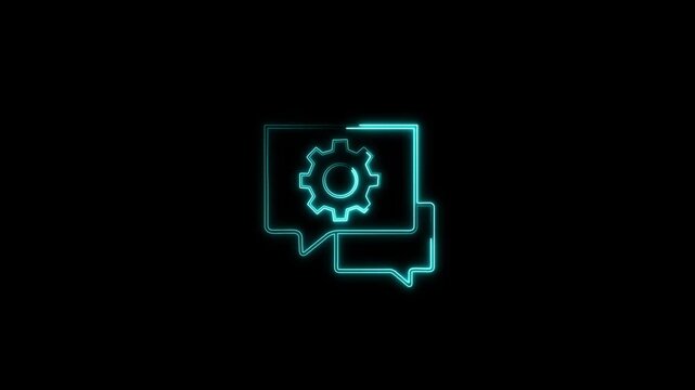 Animated cyan neon speech bubble with gear cog icon inside. Perfect for technical support, customer service, system settings, communication, and tech help.