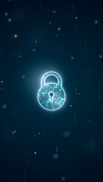 Vertical glowing padlock icon featuring digital circuit patterns, illustrating cyber security and data protection concepts on a dark futuristic background.