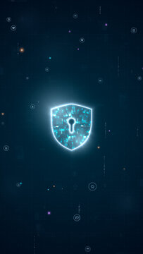Vertical glowing shield icon featuring a keyhole and digital circuit patterns, representing network security and data protection on a dark tech background.
