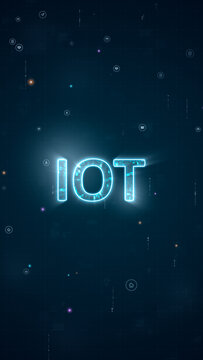 Vertical glowing IOT text symbol featuring digital circuit patterns, representing the internet of things and smart network technology on a dark background.
