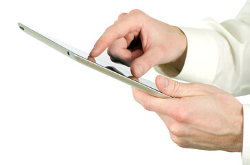 Tablet Touchscreen in Business Hands on White Background © 靠谱 不