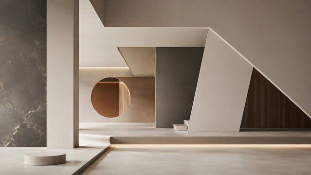 Abstract architectural composition features geometric forms and neutral color palette