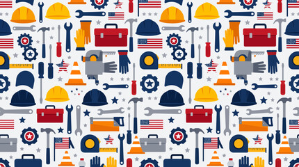 Fototapeta premium Seamless vector pattern design featuring construction tools, safety gear, and hardware equipment for labor day