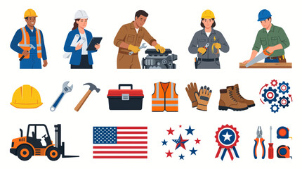 Fototapeta premium Collection of Industrial Workers Construction Tools and Professional Equipment Vector Icons Set