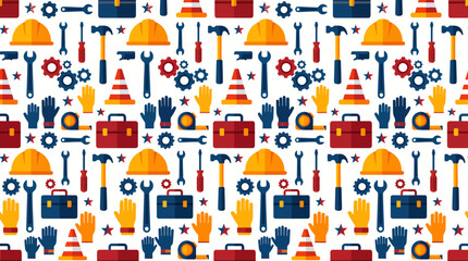 Naklejka premium Seamless construction and repair tools pattern background featuring hammers, hard hats, and screwdrivers