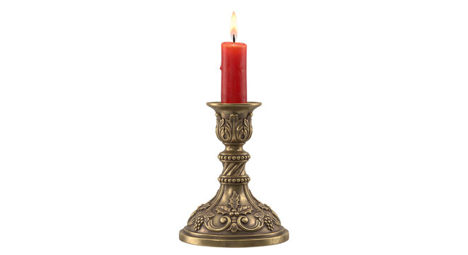 Burning red candle in an ornate bronze candlestick holder on transparent background