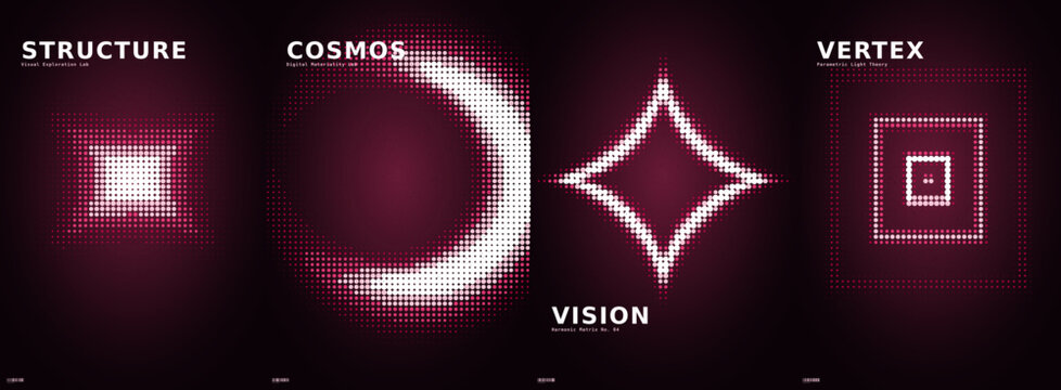 Glowing geometric symbols, cosmic vision icons, structure vertex symbols, neon purple light effects, luminous vector shapes, mystical star and crescent signs for design