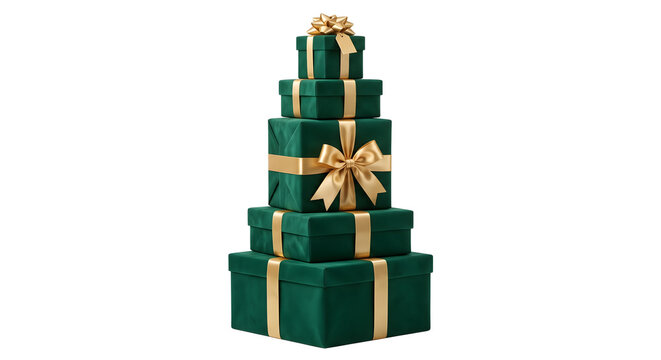 Stacked dark green gift boxes with gold ribbons on transparent background