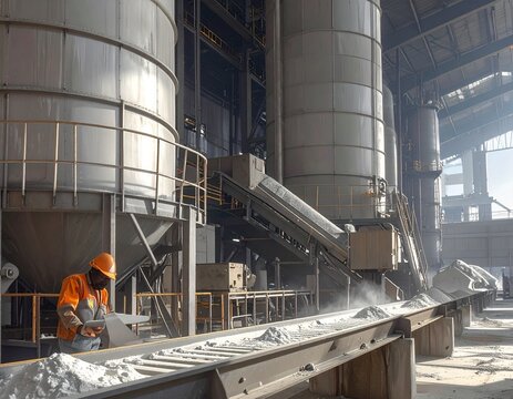 Modern cement manufacturing facility with towering processing equipment, steel structures, conveyor systems and workers operating advanced industrial machinery.