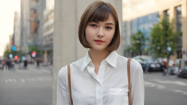 Vertical portrait of young Asian woman with bob cut hair wearing white shirt standing on city street for corporate stock photo presentation website background header element