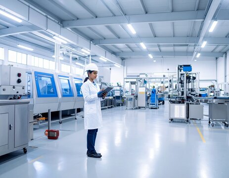 Ultra-realistic premium industrial stock photograph inside a modern Indian manufacturing plant, showcasing advanced machinery, clean floors, and efficient production.