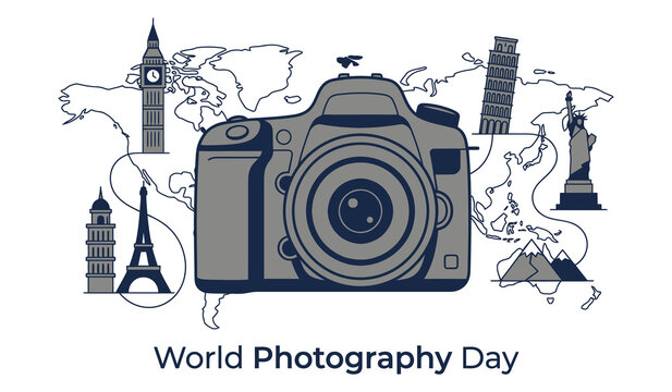 World photography day vector concept with camera landmark monuments and skyline icons in clean line art linear style design